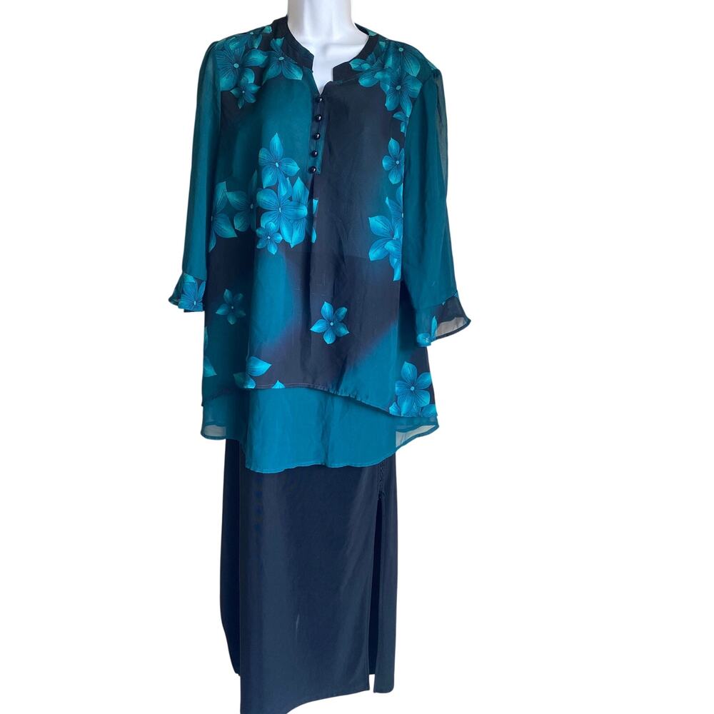 Women's Plus Size XXL Blue Layered Floral Boho Blouse Flowy Artsy Classy Summer